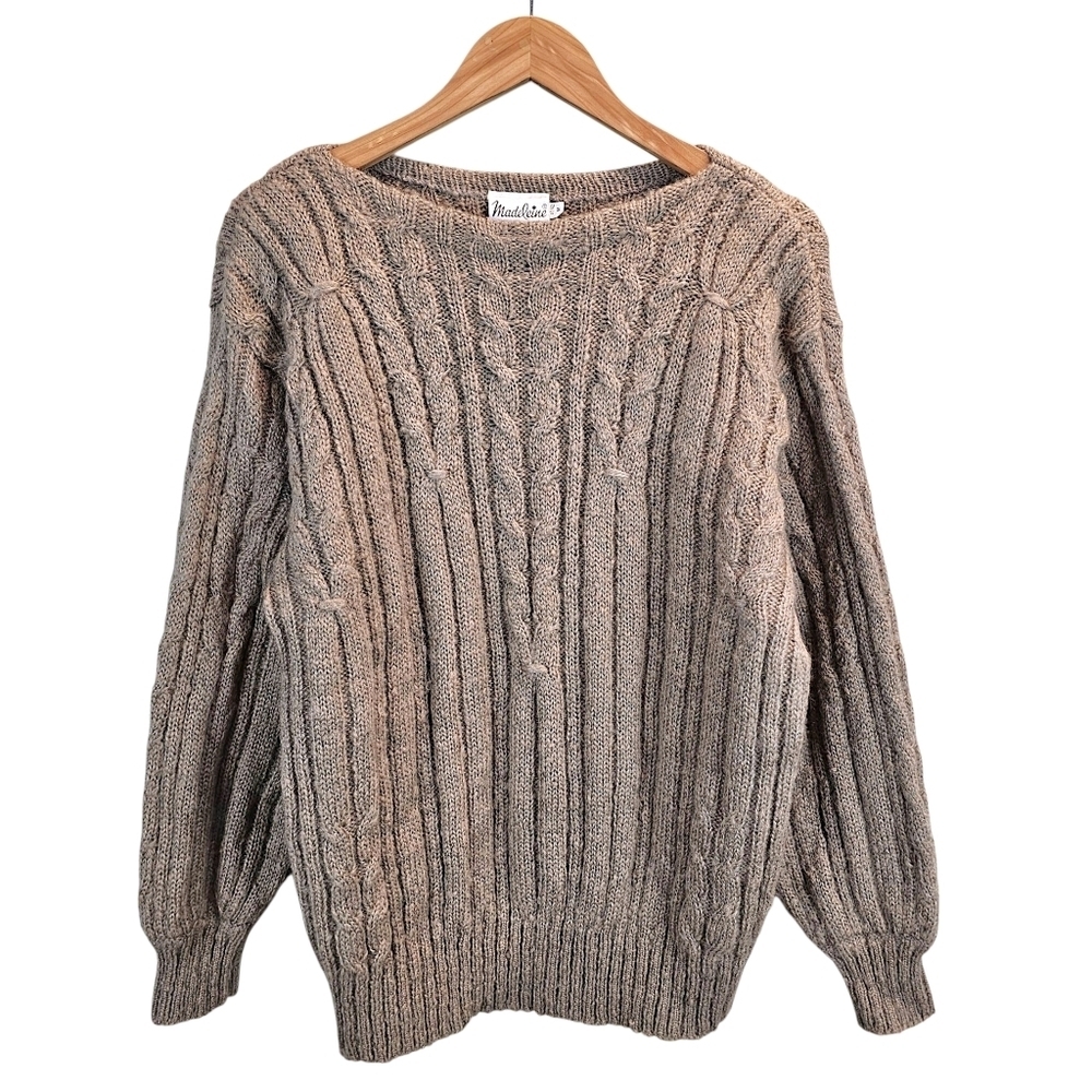 Vintage Madeleine Mohair Blend Tan Chunky Cable Knit Sweater Pullover Medium